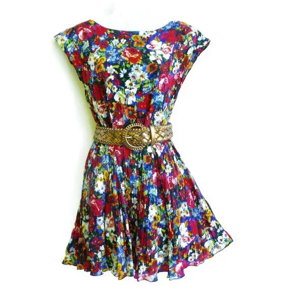 Alice & Olivia Matilda Dress Mini Vibrant Floral Bouquet Silk Boat Neck Pleated - Picture 13 of 14